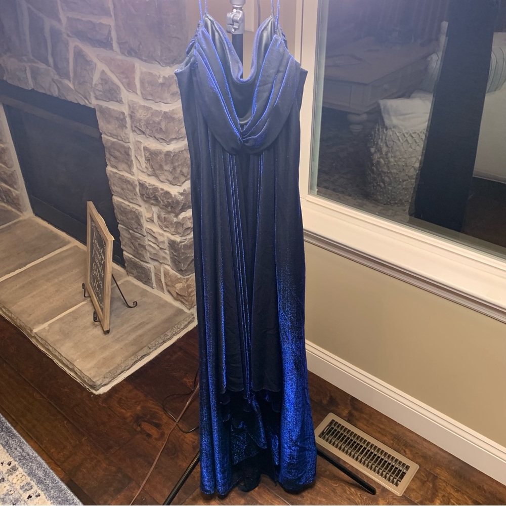 Vintage {Night Way} Blue Shiny Maxi Cowl Neck Dress